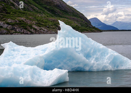 Eine gekalbt Eisbergs von Portage Glacier ist gegen den Chugach Mountains gesehen. Stockfoto