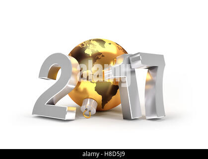 2017 Neujahr Typ mit Planetenerde in eine goldene Weihnachtskugel - 3D-Illustration Stockfoto