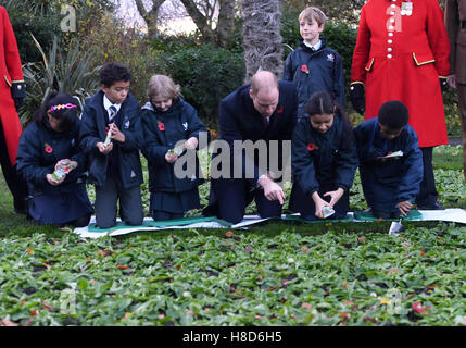 Der Duke of Cambridge hilft Kindern Pflanzensamen während eines Besuchs zu Kensington Memorial Park, London, wo er offiziell die Widmung des Parks zu Programms Centenary Felder markieren wird. Stockfoto