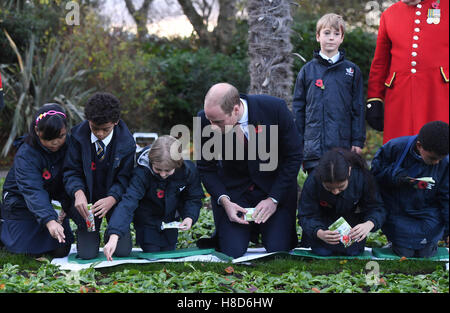 Der Duke of Cambridge hilft Kindern Pflanzensamen während eines Besuchs zu Kensington Memorial Park, London, wo er offiziell die Widmung des Parks zu Programms Centenary Felder markieren wird. Stockfoto