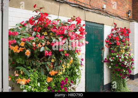 Hängende Blumenkörbe erhellen einen sonst stumpfen Innenhof hinter einer Stadt inn Stockfoto