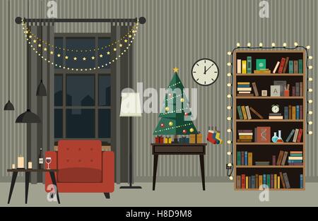 Weihnachten-Interieur des Wohnzimmers. Stock Vektor