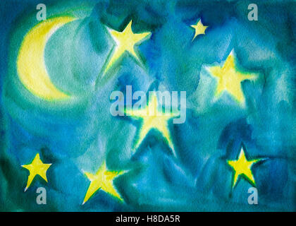 Mond und Sterne Aquarell Kinder Stil Malerei Stockfoto