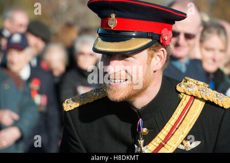 Burton-on-Trent, England. 11. November 2016. Prinz Harry hat Großbritanniens Waffenstillstand Gedenktag in Staffordshire geführt. Seine königliche Hoheit trat militärisches Führungspersonal Streitkräfte, Veteranen und Familien Mitglieder der Öffentlichkeit auf des Arboretums jährlichen Service of Remembrance, der innerhalb der Mauern des Armed Forces Memorial stattfindet.  Prinz Harry lesen während des Gottesdienstes der Soldat, ein Erster Weltkrieg Sonett über einen Soldaten aus dem Haus für das Schlachtfeld. Bildnachweis: Byron Kirk/Alamy Live-Nachrichten Stockfoto