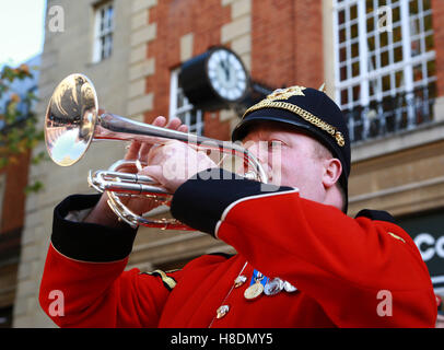 Peterborough, UK. 11. November 2016. Tag des Waffenstillstands. Ein Hornist vom Royal Anglian Regiment bereitet sich auf The Last Post an 11:00 spielen. Menschen, die Kennzeichnung Tag des Waffenstillstands in Peterborough, England. Eine zwei Minuten Stille ist landesweit auf der elften Stunde der elften Tag des elften Monats markiert das Ende des ersten Weltkriegs statt.  Bildnachweis: Paul Marriott/Alamy Live-Nachrichten Stockfoto