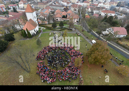 Kyjov, Tschechische Republik. 11. November 2016. Die Feier des Krieges Veterans Day durch die Schaffung von riesigen Mohn aufblasbare Bälle fand in Kyjov, Tschechische Republik, am Freitag, 11. November 2016. Der Tschechischen Republik War Veterans Day im November 2001 eingeführt. Der Tag wurde symbolisch gewählt, weil der Waffenstillstand Ende des großen Krieges am 11. November 1918 in Kraft getreten. Im Ausland, in englischsprachigen Ländern und in Frankreich vor allem dies ist ein anerkannter Feiertag, aber in der Tschechischen Republik hat es nicht noch so gewesen. Bildnachweis: Vaclav Salek/CTK Foto/Alamy Live-Nachrichten Stockfoto