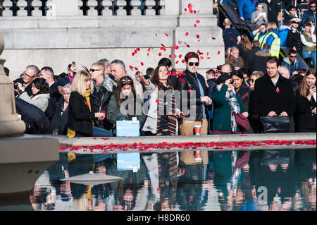 London, UK. 11. November 2016. Die Royal British Legion beherbergt Armistice Day Gedenkfeiern mit "Silence In The Square"-Veranstaltung im Londoner Trafalgar Square. Jedes Jahr am 11. November um 11:00 wird die zwei Schweigeminuten beobachtet, um britische Männer und Frauen, die in den Weltkriegen gefallen und wurden verletzt oder in Konflikte seit 1945 gestorben Tribut zollen. Tag des Waffenstillstands markiert das Ende des ersten Weltkrieges und bezieht sich auf einen Waffenstillstand zwischen Deutschland und den Alliierten am 11:00 am 11. November 1918 in Kraft getretenen. Wiktor Szymanowicz/Alamy Live-Nachrichten Stockfoto