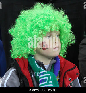 Belfast, Nordirland. 11. November 2016. Fußball-WM - Nordirland 4 Aserbaidschan 0.  Ein junger Fan erinnert sich andere am Tag des Waffenstillstands. David Hunter/Alamy Live-Nachrichten. Stockfoto