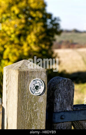 Ein Wessex Ridgeway Wegpunkt auf ein Tor an Battlesbury Wallburg, Warminster, Wiltshire, Vereinigtes Königreich. Stockfoto