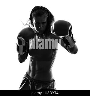 eine Frau Boxer Boxen Kickboxen Silhouette isoliert auf weißem Hintergrund Stockfoto