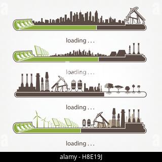 Icon-Download von Mühlen und Fabriken gegen erneuerbare Energien gesetzt Stock Vektor