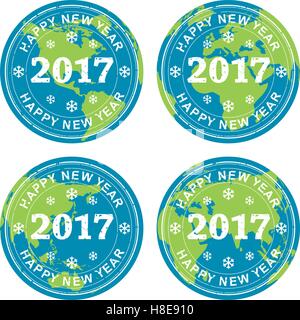 Vektor Sammlung des Prosit Neujahr 2017 Stempel auf Erde Globen, auf der ganzen Welt feiern Konzept Stock Vektor