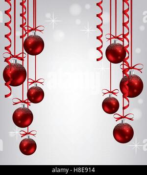 Vektor-Neujahr Hintergrund mit Sammlung von hängenden roten Xmas Kugeln Stock Vektor