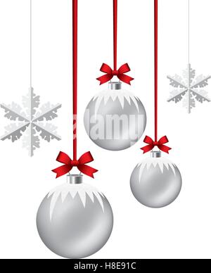 Vektor-Neujahr Hintergrund mit hängenden Xmas Kugeln und Schneeflocken Stock Vektor