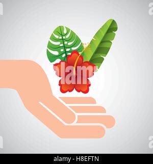 Hand halten schöne Blume rote Lilie mit tropischen Urlaub Vektor Illustration Eps 10 Stock Vektor