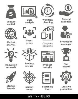 Startup Business Development und Symbole auf weiß Stock Vektor