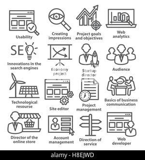 Business Management Symbole in Linienart auf weiß. Pack 07. Stock Vektor