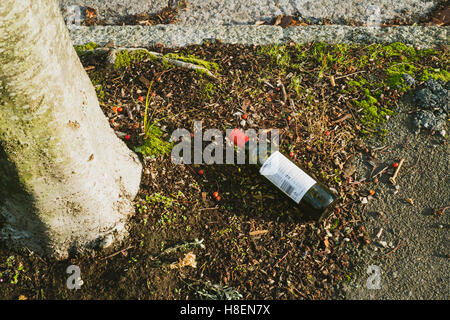 Leere Flasche Rotwein links auf dem Bürgersteig in einer Straße in Falmouth, Cornwall 11. November 2016 Stockfoto