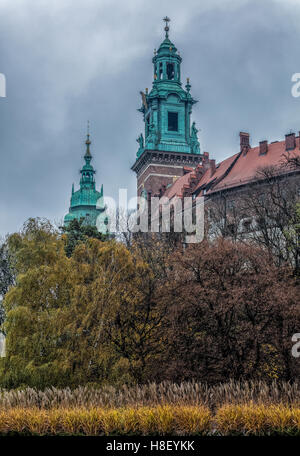 Orange und gelbe Blätter auf den Bäumen vor der Kathedrale und das Schloss in Krakau in Polen Stockfoto