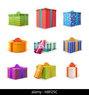 Reihe von verschiedenen bunten hellen Geschenkboxen mit Bändern und Schleifen isoliert auf weiss Stock Vektor