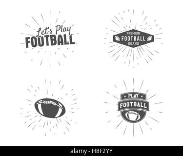 Satz von Vintage Rugby und american-Football-Etiketten, Embleme und Logos mit Sunburst Elementen. Handgezeichnete Stil Monochrom mit Schriftzug. USA-Sport-Identität-Symbole. Abbildung. Stockfoto