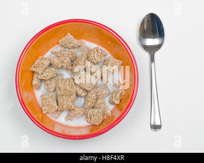 Weizen-Getreide und Milch in einer Schüssel mit Löffel Stockfoto