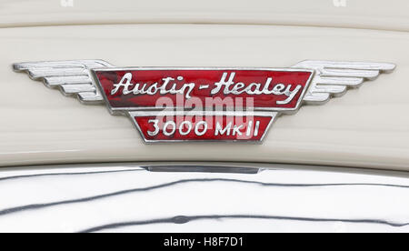 Austin Healey-Emblem auf einem Modell 3000 MK 1962, britische Oldtimer Stockfoto