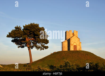 Baum und romanische St. Nicolas Church befindet sich auf irdenen Hügel in Bereichen der Prahulje in der Nähe von Nin in Dalmatien, Kroatien, Europa Stockfoto