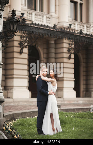 Schöne Hochzeit, paar, Braut, Bräutigam küssen und umarmen vor dem Hintergrund des Theaters Stockfoto