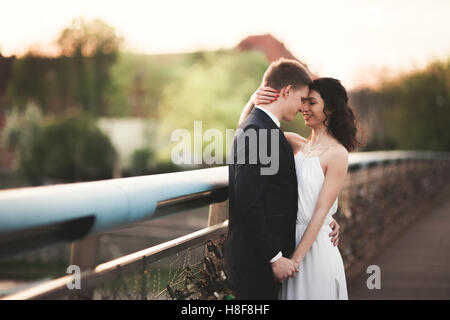 Wunderschöne Hochzeitspaar, Brautpaar posiert auf Brücke in Krakau Stockfoto