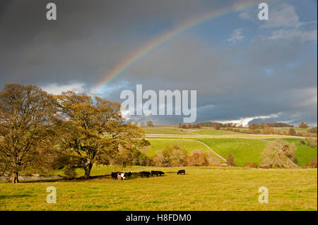 Regenbogen über Ackerland, mit Blick auf Eden Valley, Cumbria, England. Stockfoto