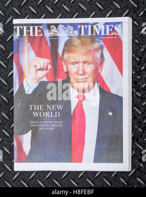 Die Titelseite der Times berichtet über das Ergebnis der US-Präsidentschaftswahl, in dem Donald Trump zum 45. Präsidenten der Vereinigten Staaten wurde. Stockfoto