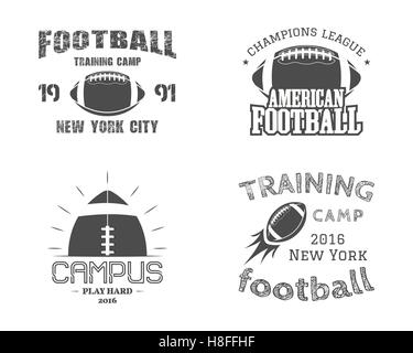 Satz von american-Football-Team Campus Abzeichen, Logos, Beschriftungen, Insignien im Retro-Stil Monochrom. Vintage Grafikdesign für T-shirt, web. Bunter Print auf einem dunklen Hintergrund isoliert. Vektor. Stock Vektor