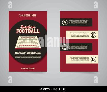 US-amerikanischer American-Football-Meisterschaft zurück und vorderen Flyer Vorlagendesign. USA-Sport Marke Identität Briefkopf. Liga-Poster und Broschüre mit Typografie und Emblem, Logo Vorlage Feld Vektor. Stock Vektor