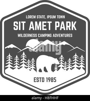 Nationalpark-Vintage-Abzeichen. Berg-Explorer-Label. Outdoor-Abenteuer-Logo-Design mit Bären. Reise- und Hipster Insignien. Wildnis, Wald camping Emblem Vektor Monochrom Rucksack wandern, Stock Vektor