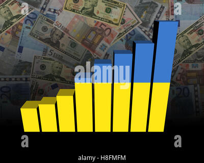 Ukraine Flagge Balkendiagramm über Euro und Dollar Abbildung Stockfoto