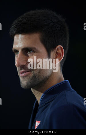 Serbiens Novak Djokovic während der Pressekonferenz in The O2, London. Stockfoto