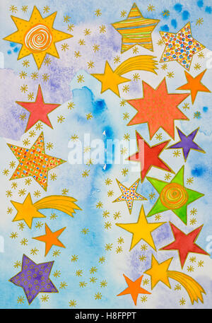 Kunst, Aquarell, Heidrun Füssenhäuser, farbige Sterne von Bethlehem Stockfoto