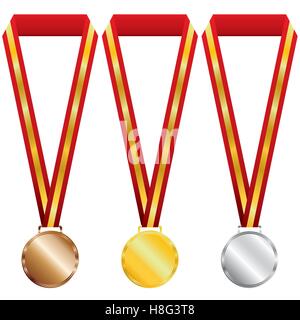 Medaille, gold, Silber, Bronze, Abbildung, isoliert, Symbol, zuerst, Vektor, metal, Band, sport, weißer Hintergrund, legen Stock Vektor