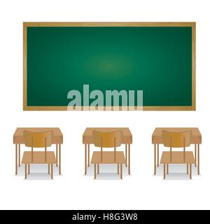 Klassenzimmer, Tisch, Stuhl, Willkommen zurück in die Schule, zurück zur Schule, Tafel, Wand, indoor, elementare, Zeichnung, Bild Stock Vektor