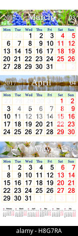 Wandkalender für drei Monate von Frühjahr März, April und Mai 2017 mit Bildern der Natur Stockfoto