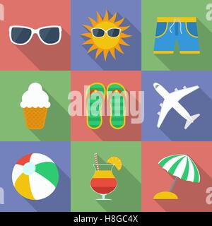 Set von Icons von Sommer Reisethema.  Flache Jugendstil mit einen langen Schatten. Stock Vektor