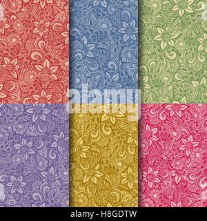 Satz von handgezeichneten nahtlose Blumenmuster. Doodle-Stil Stock Vektor