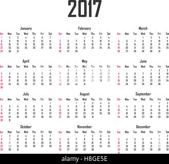 Kalender für das Jahr 2017. Woche beginnt am Sonntag Stock Vektor