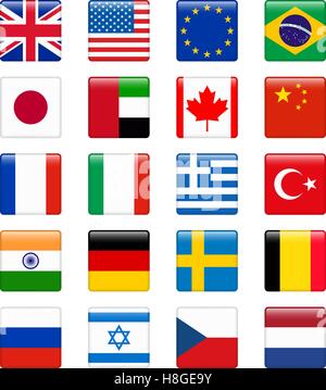 Satz von populären Country Flags. Glänzende quadratische Vektor Icon-Set. Vektor-illustration Stock Vektor