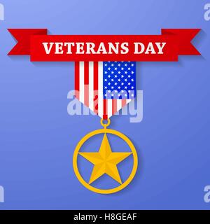 Goldene Auszeichnung mit Veterans Day Text auf Banner. USA-Sterne Medaille Gratulation Symbol. Amerikanische militärische Abzeichen. Vektor-illustration Stock Vektor