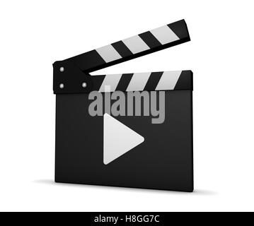 Film und Video Clapper Board mit Play-Symbol 3D Illustration auf weißem Hintergrund. Stockfoto