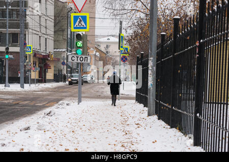 Moskau, Russland. Samstag, 12. November 2016. Frühwinter in Moskau. Keine Sonne, bewölkt. Leichte frost bis zu-5 Grad Celsius (+ 23F) durch den Abend, stetige Schneefall, aber nicht sehr schwer. Mischung aus Schnee und Laub auf dem Boden. Herbst steht widerwillig ab. Bildnachweis: Alex Bilder/Alamy Live-Nachrichten Stockfoto