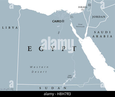 Ägypten Landkarte mit Hauptstadt Kairo, Nil, Sinai-Halbinsel und Suez-Kanal. Arabische Republik Ägypten. Stockfoto