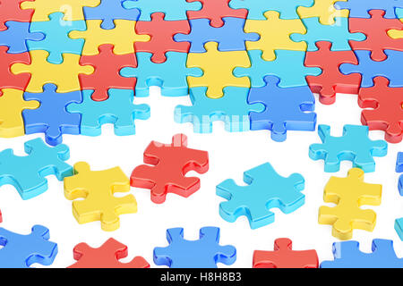 Puzzleteile in Autism Awareness Farben, 3D-Rendering isolierten auf weißen Hintergrund Stockfoto